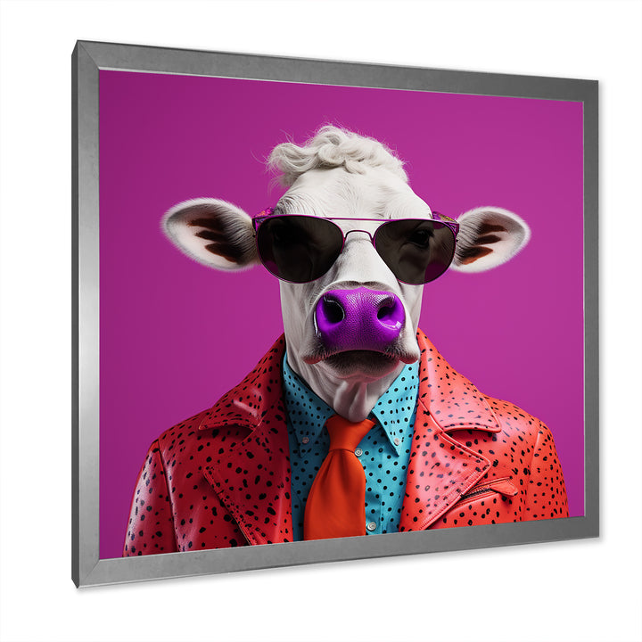 Purple sunglass suited cow fashion - Cow Canvas Wall Art