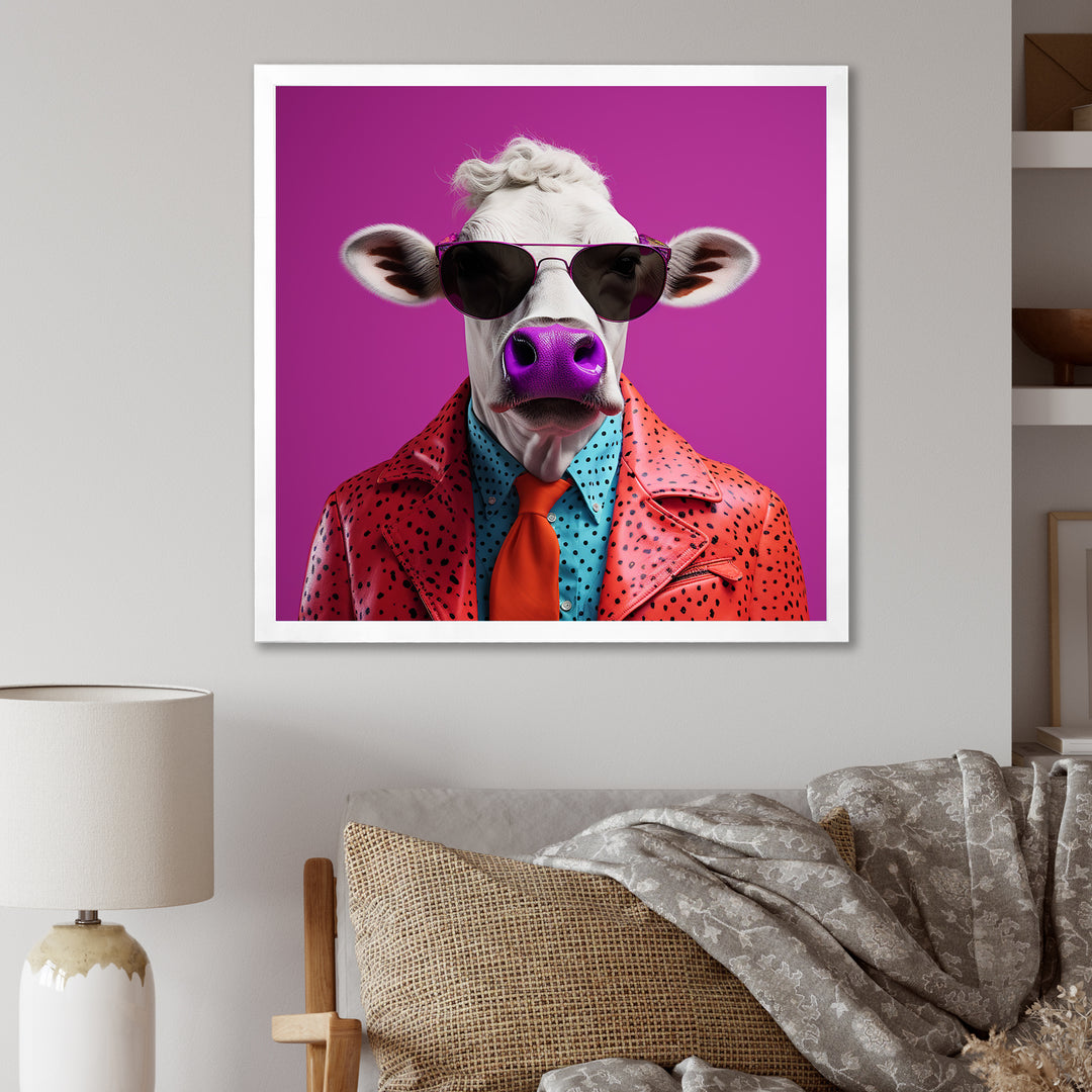 Purple sunglass suited cow fashion - Cow Canvas Wall Art