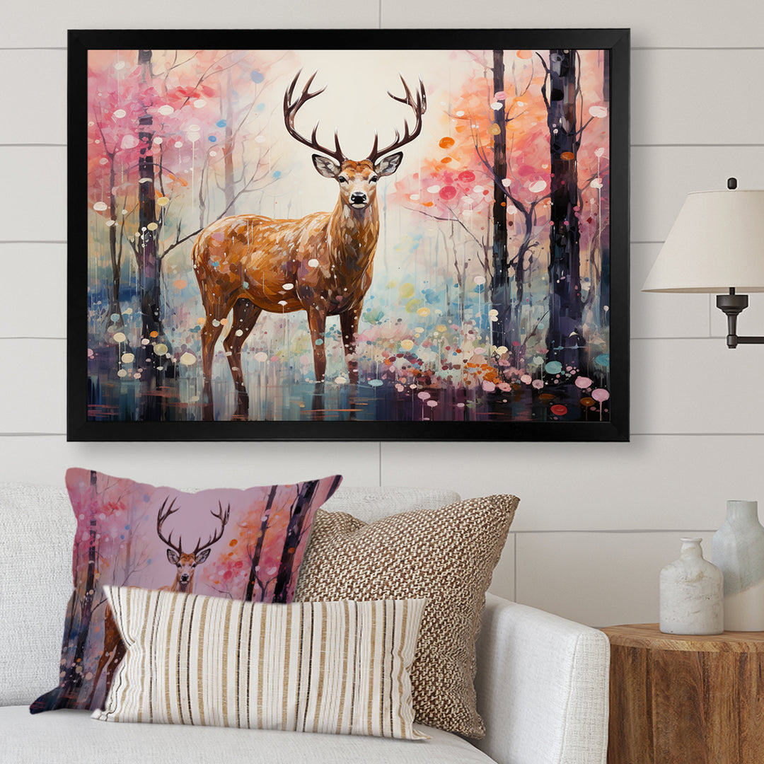 Deer in Shimmering floral forest - Deer Landscape Home Decor Art