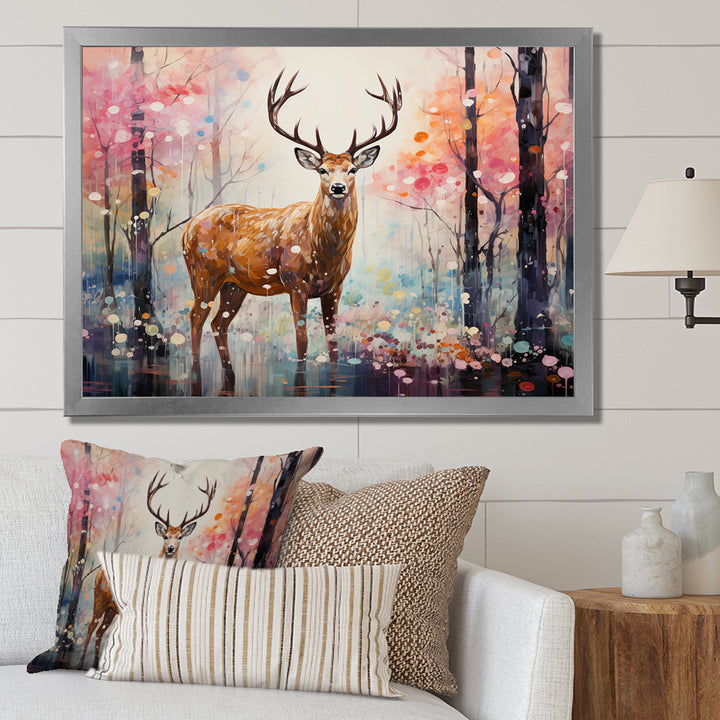 Deer in Shimmering floral forest - Deer Landscape Home Decor Art