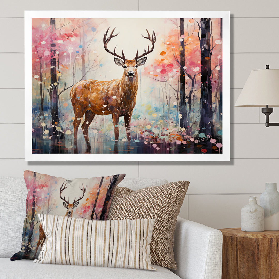 Deer in Shimmering floral forest - Deer Landscape Home Decor Art
