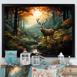 Green and brown deer in forest wilderness - Animals Canvas Wall Art