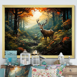 Green and brown deer in forest wilderness - Animals Canvas Wall Art