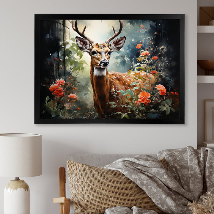 Brown and pink deer in blooming forest wilderness - Deer Landscape Living Room Wall Art