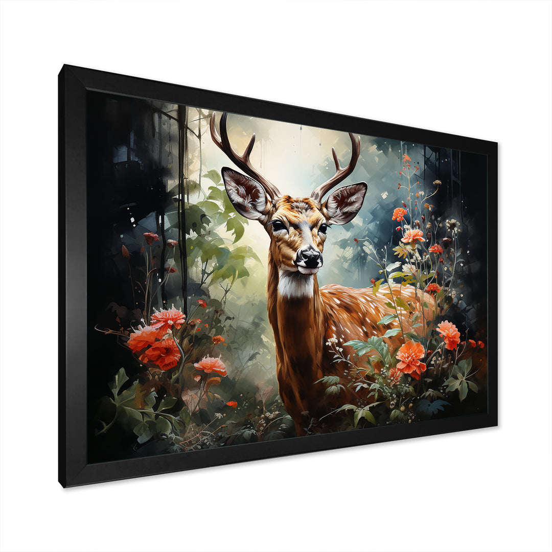 Brown and pink deer in blooming forest wilderness - Deer Landscape Living Room Wall Art