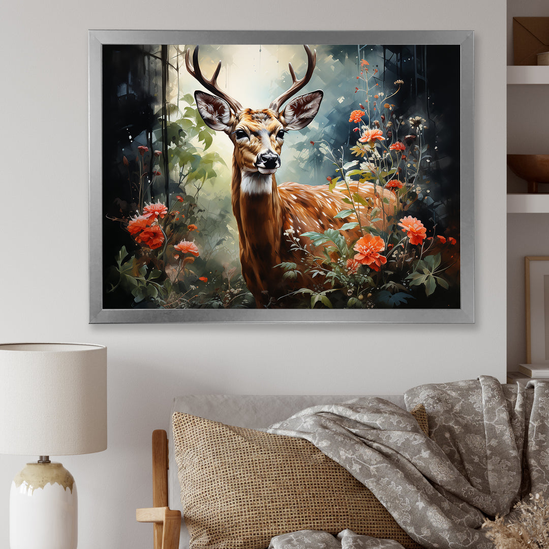 Brown and pink deer in blooming forest wilderness - Deer Landscape Living Room Wall Art