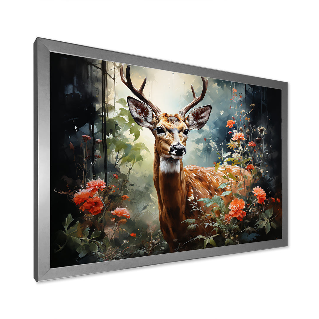 Brown and pink deer in blooming forest wilderness - Deer Landscape Living Room Wall Art