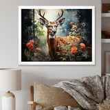 Brown and pink deer in blooming forest wilderness - Deer Landscape Living Room Wall Art