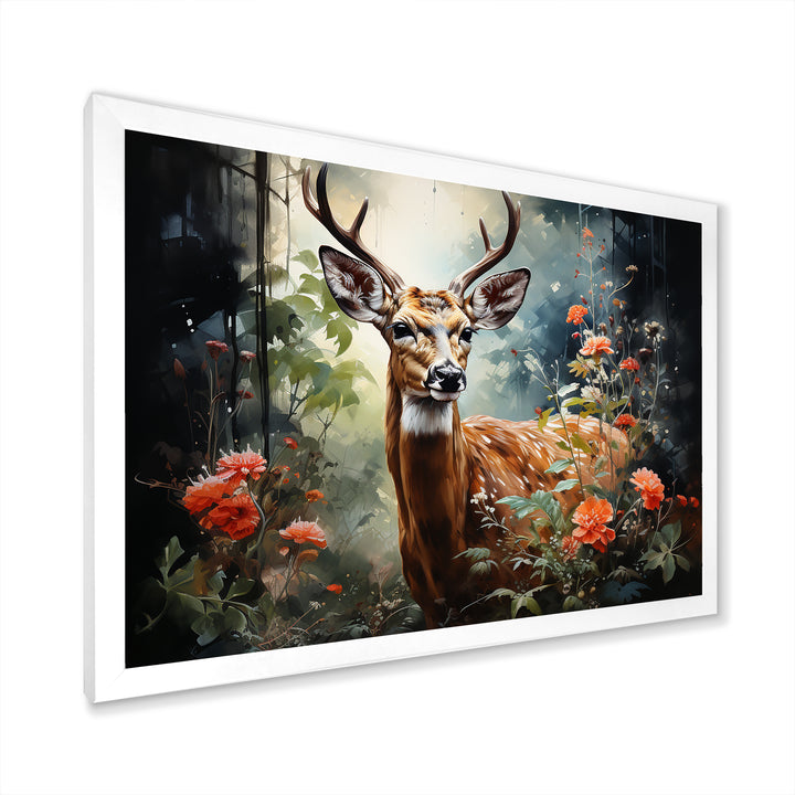 Brown and pink deer in blooming forest wilderness - Deer Landscape Living Room Wall Art