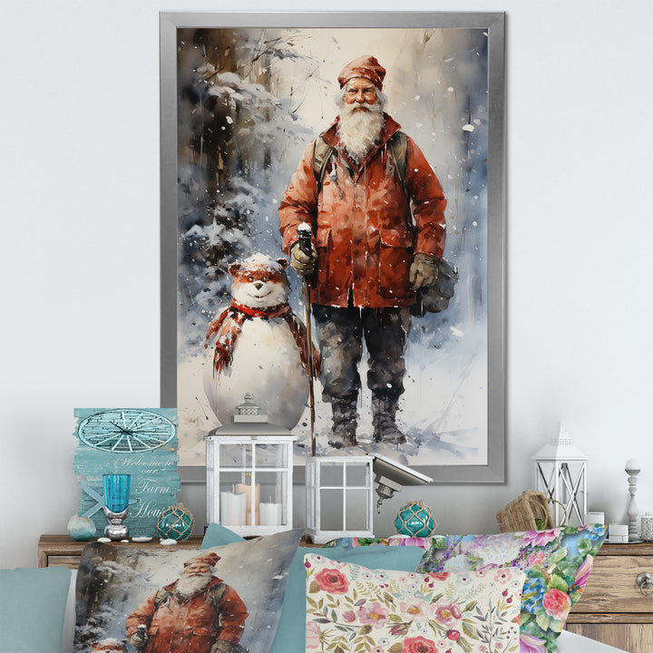 Santa and his snowman in winter wonderland - Deer Bedroom Wall Art
