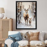 Deer family in the winter wonderland - Animals Canvas Wall Art