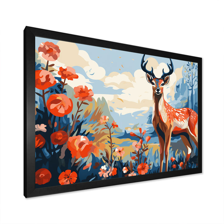 Red and blue Deer in forest - Deer Landscape Wall Art Prints