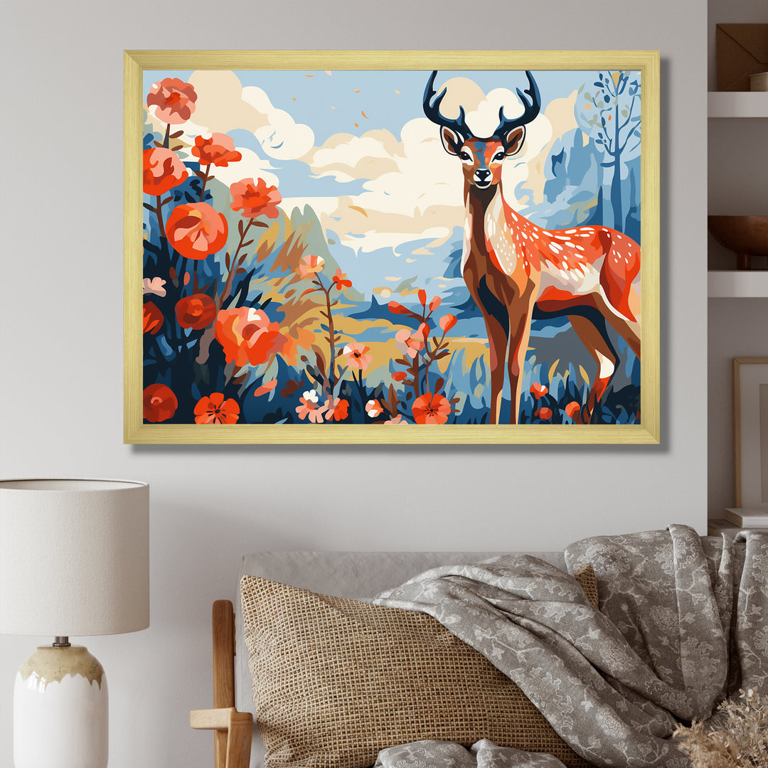 Red and blue Deer in forest - Deer Landscape Wall Art Prints