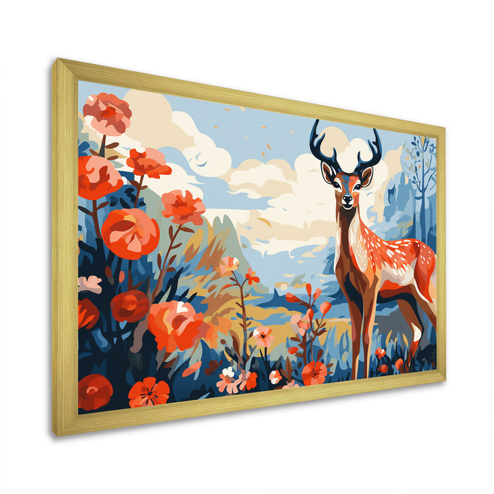 Red and blue Deer in forest - Deer Landscape Wall Art Prints