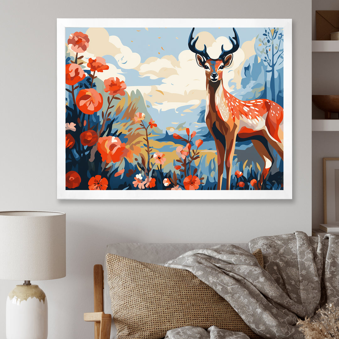 Red and blue Deer in forest - Deer Landscape Wall Art Prints