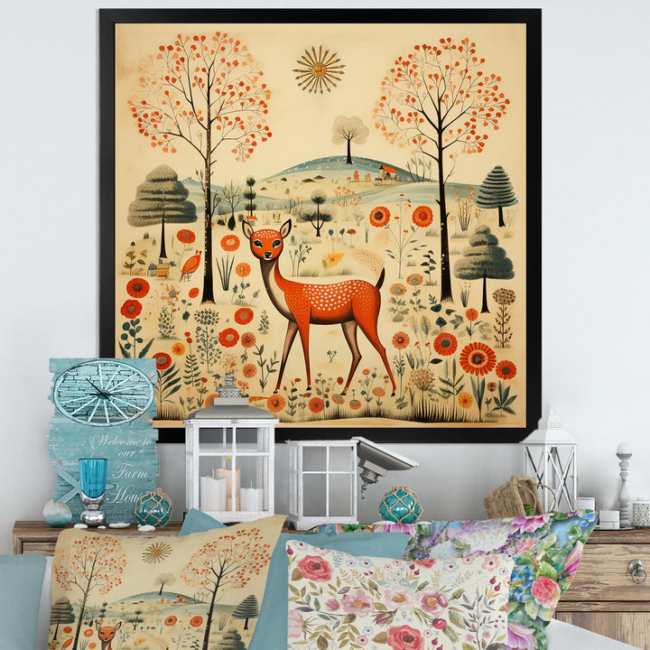 Vintage orange and green Deer pattern - Deer Living Room Wall Art