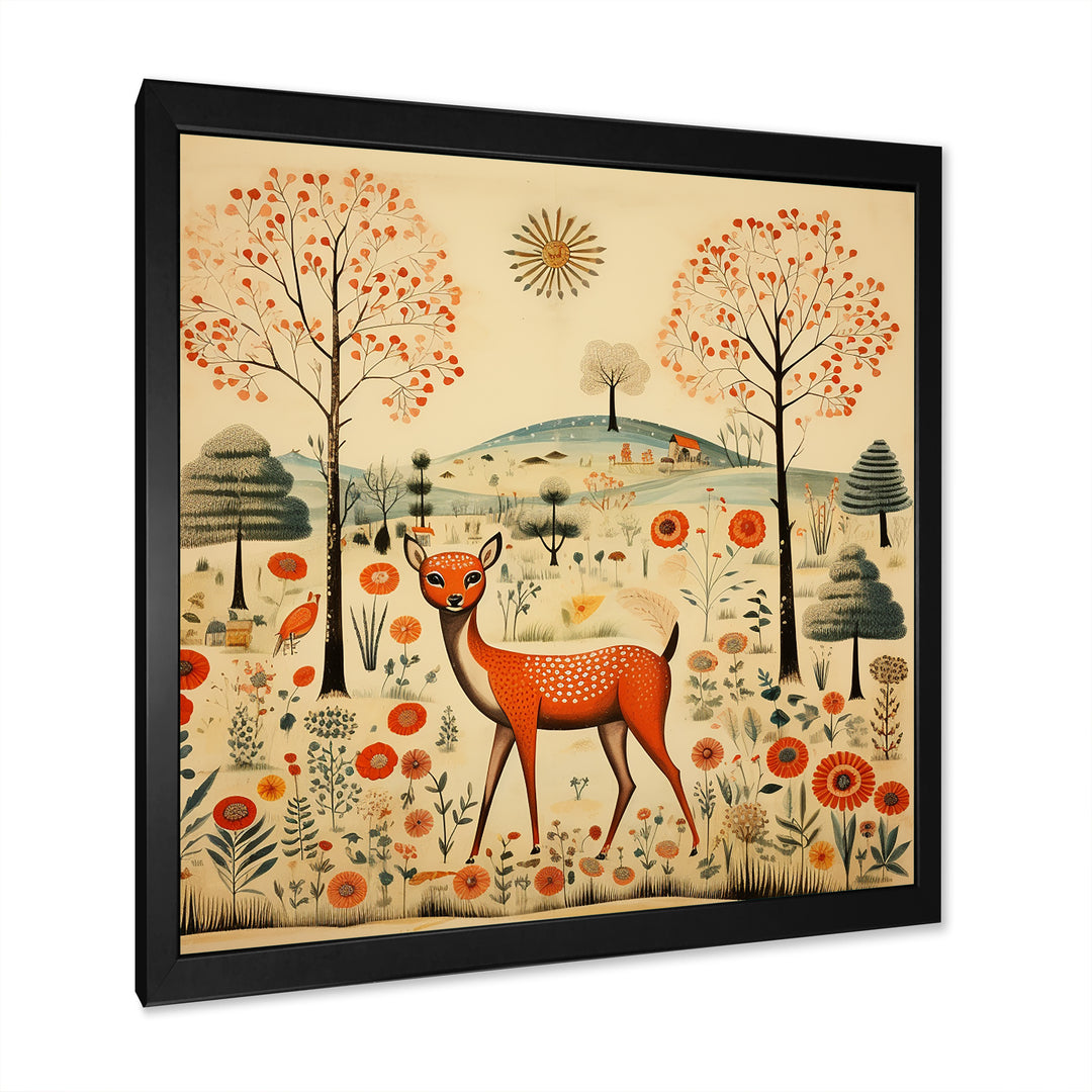Vintage orange and green Deer pattern - Deer Living Room Wall Art