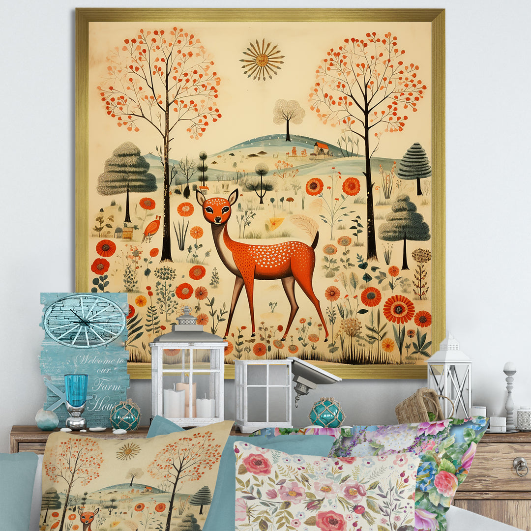 Vintage orange and green Deer pattern - Deer Living Room Wall Art