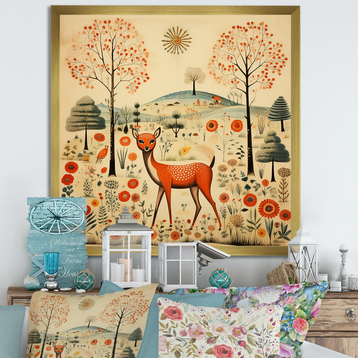 Vintage orange and green Deer pattern - Deer Living Room Wall Art