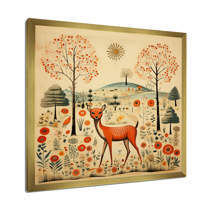 Vintage orange and green Deer pattern - Deer Living Room Wall Art
