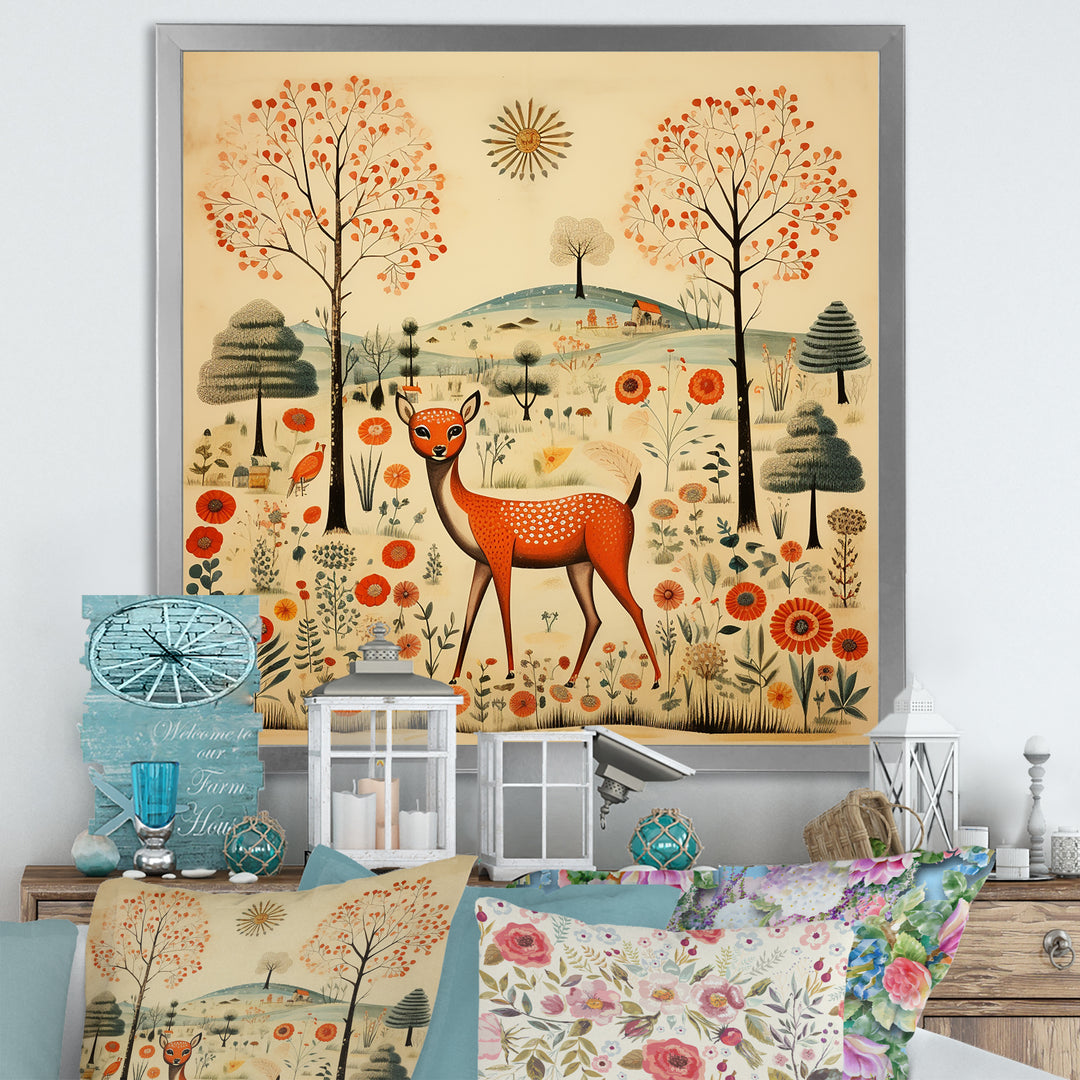 Vintage orange and green Deer pattern - Deer Living Room Wall Art