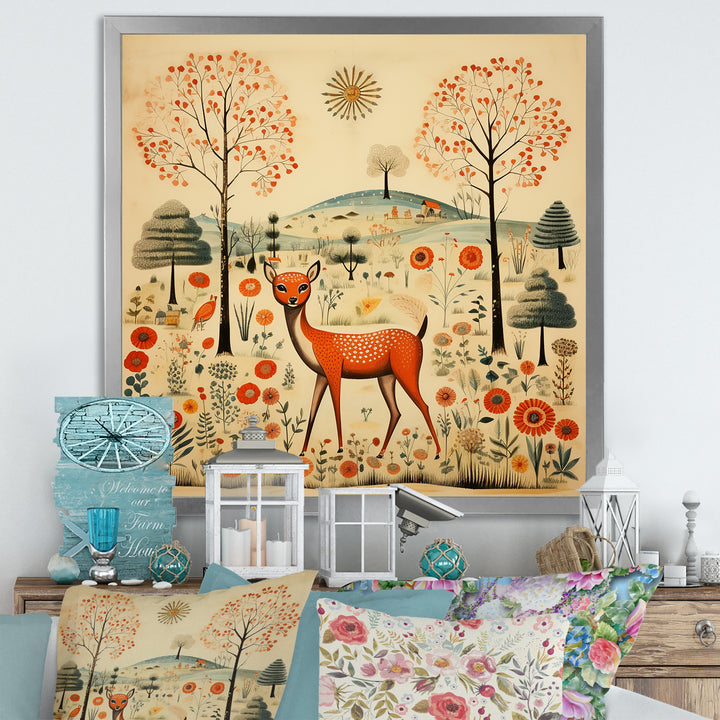 Vintage orange and green Deer pattern - Deer Living Room Wall Art