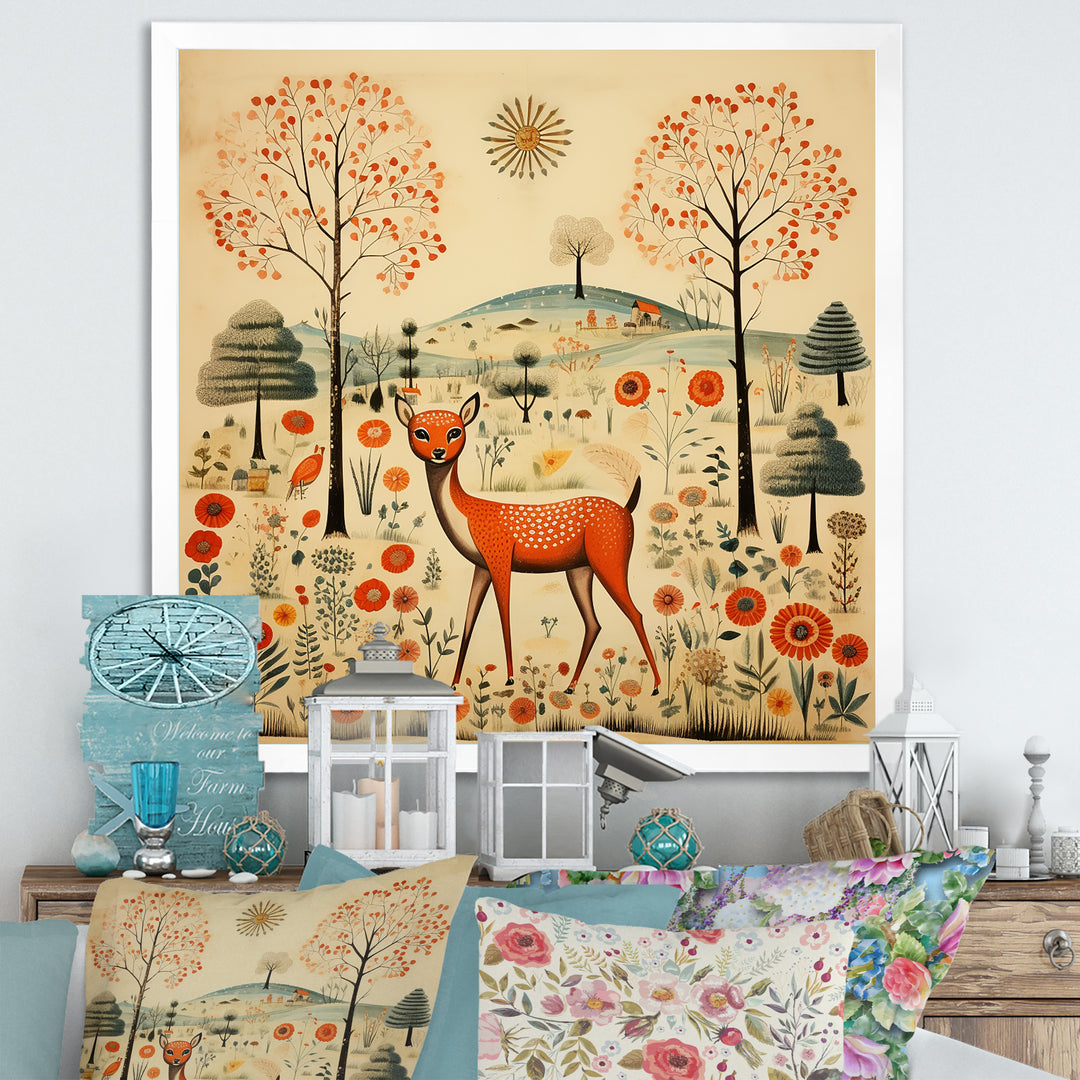 Vintage orange and green Deer pattern - Deer Living Room Wall Art