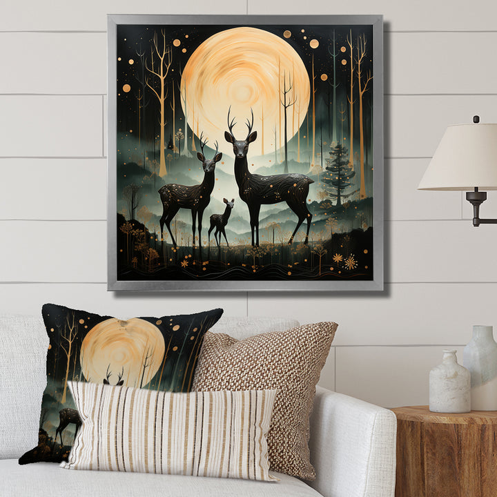 Wondering night deer family elegance - Deer Landscape Canvas Wall Art