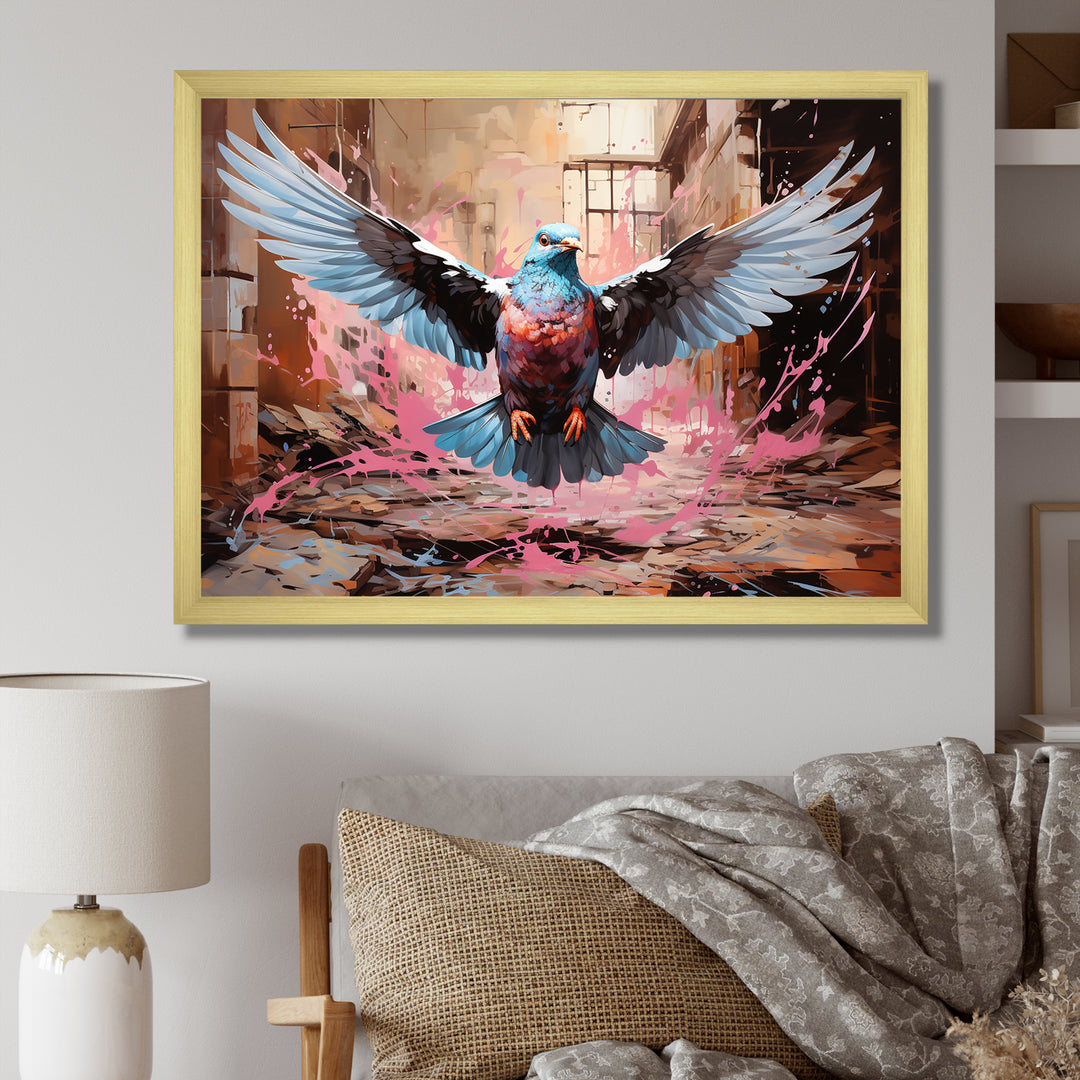 Blue and pink Pigeon in Flight - Pink Pigeon Wall Art