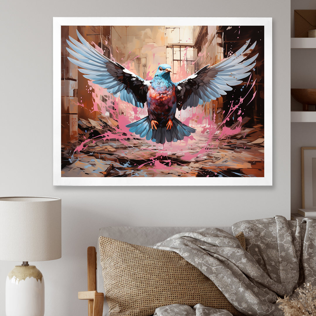 Blue and pink Pigeon in Flight - Pink Pigeon Wall Art