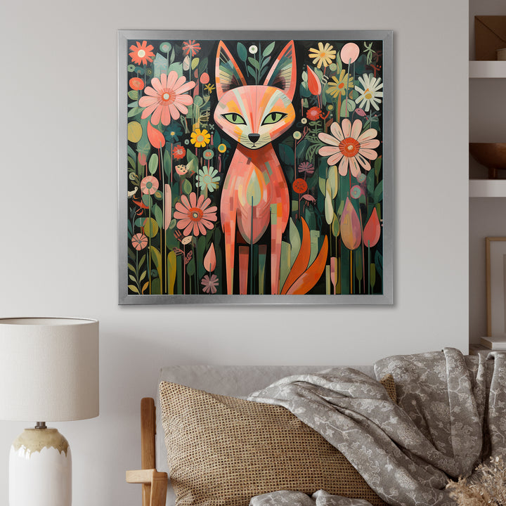 Pink and green fox in matisse style - Fox Wall Art Prints