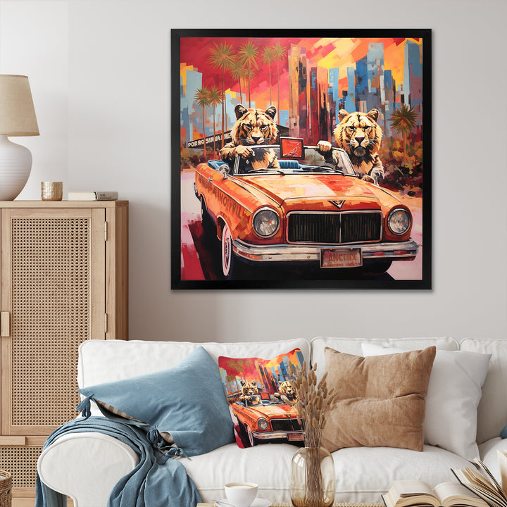 Lions riding in convertible - Lion Large Canvas Wall Art