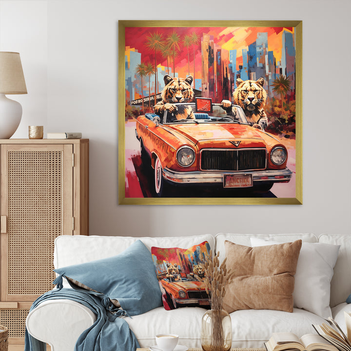 Lions riding in convertible - Lion Large Canvas Wall Art