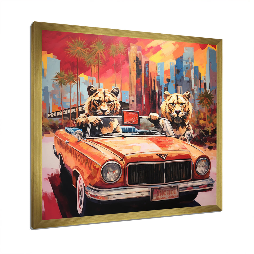 Lions riding in convertible - Lion Large Canvas Wall Art