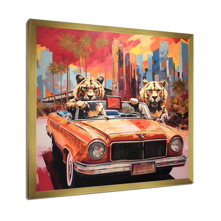 Lions riding in convertible - Lion Large Canvas Wall Art