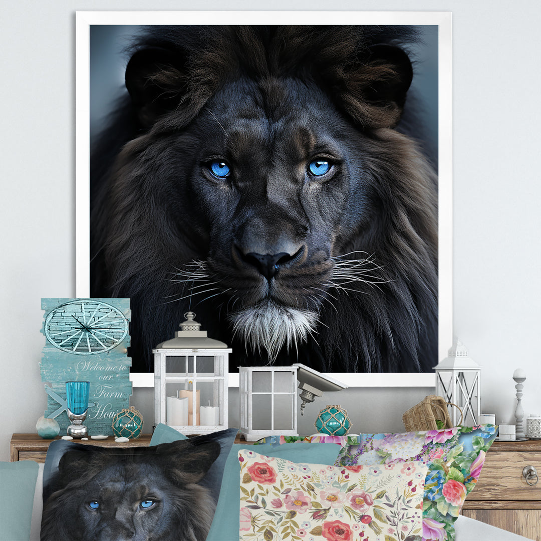 Midnight black and blue lion - Lion Canvas Wall Art