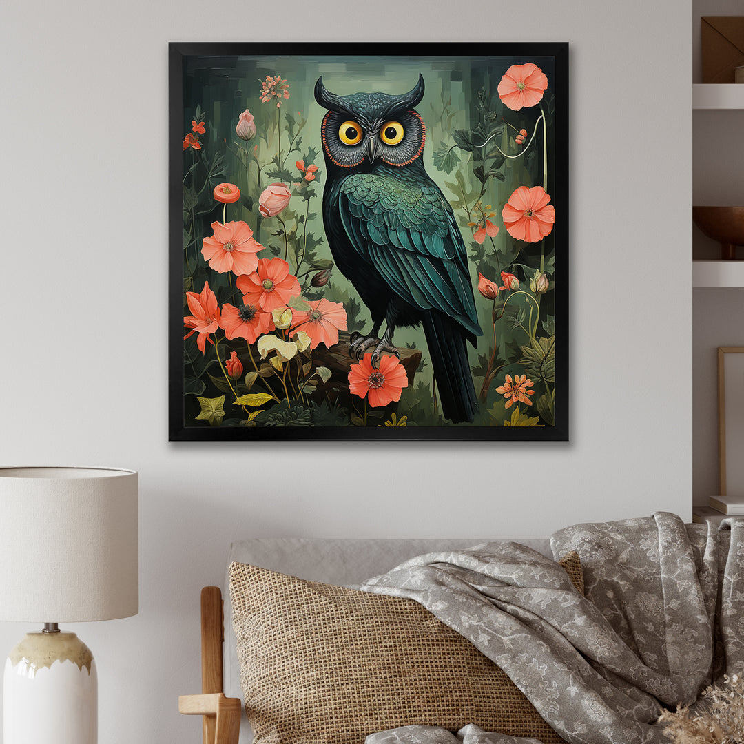 Emerald Owl Matisse Style in Green and Pink - Owl Wall Art Prints