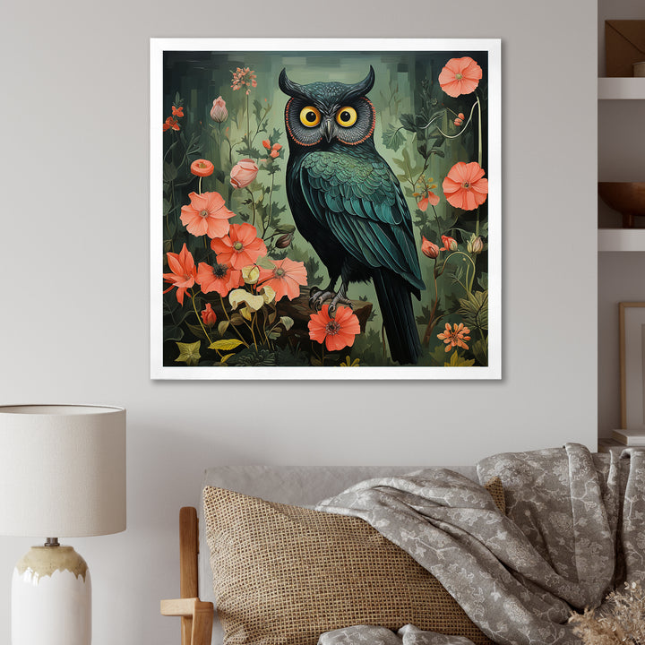 Emerald Owl Matisse Style in Green and Pink - Owl Wall Art Prints