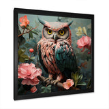 Blue and pink Owls gaze floral forest II - Animals Canvas Wall Art