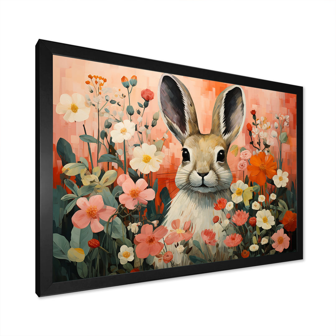 Pink Rabbit flower meadows - Rabbit Framed Canvas Art