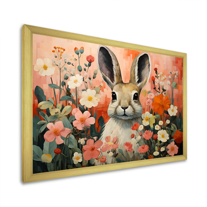 Pink Rabbit flower meadows - Rabbit Framed Canvas Art