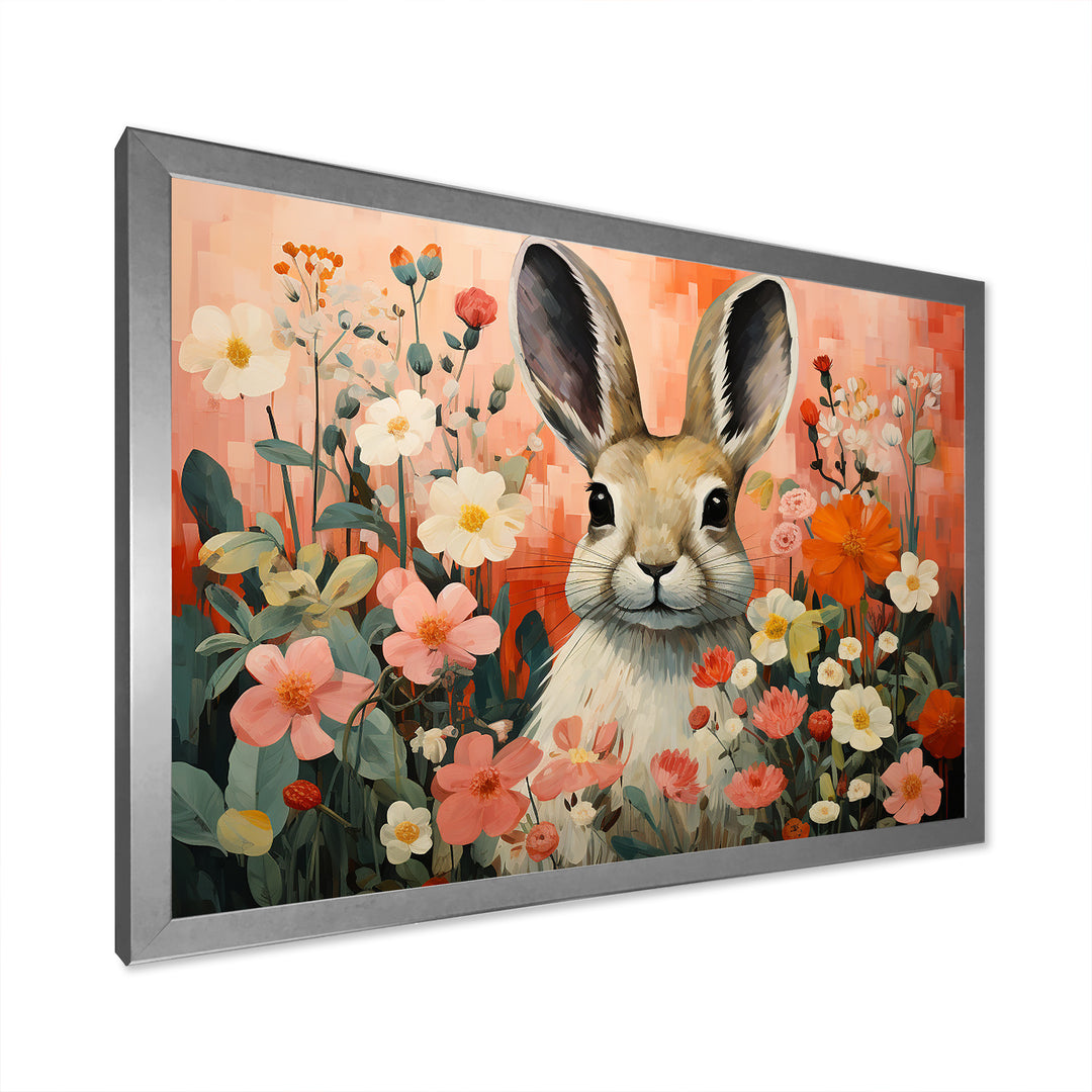 Pink Rabbit flower meadows - Rabbit Framed Canvas Art