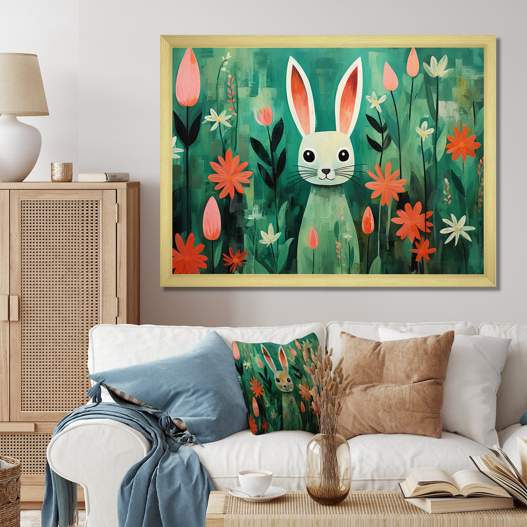 Green and pink Rabbit flower meadows - Rabbit Large Canvas Wall Art