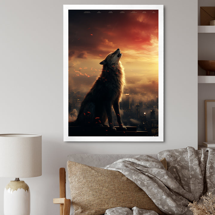 Yellow Howling wolf at sunset - Wolf Wall Decor