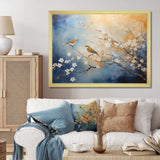 Gold and blue birds on floral tree - Animals Canvas Wall Art