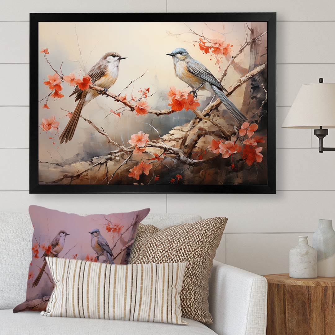 Vintage birds on pink blossom tree - Orange Bird Wall Art