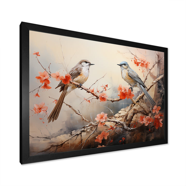 Vintage birds on pink blossom tree - Orange Bird Wall Art