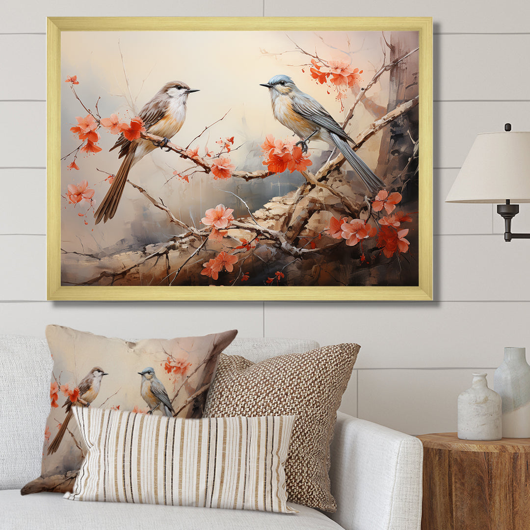 Vintage birds on pink blossom tree - Orange Bird Wall Art