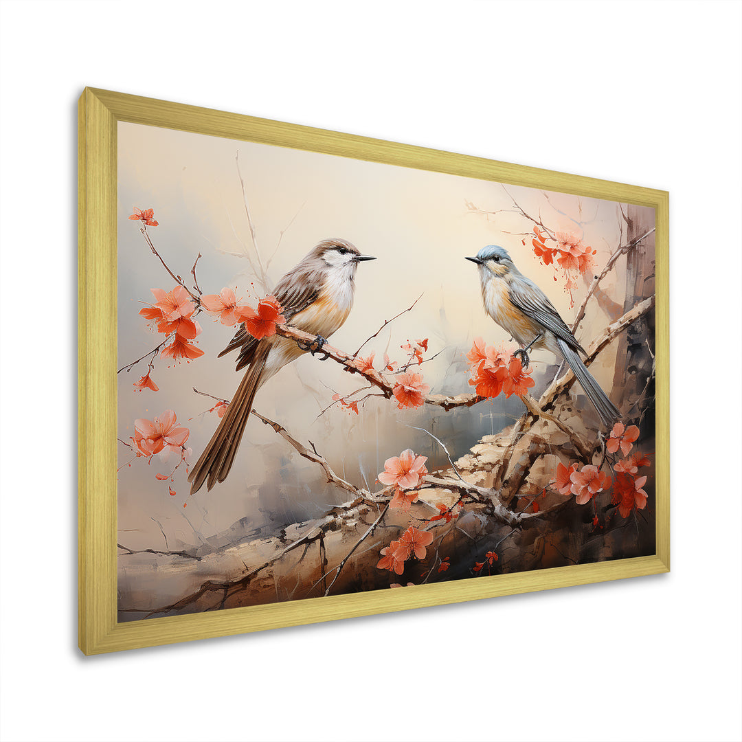 Vintage birds on pink blossom tree - Orange Bird Wall Art