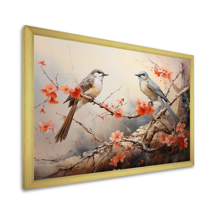 Vintage birds on pink blossom tree - Orange Bird Wall Art